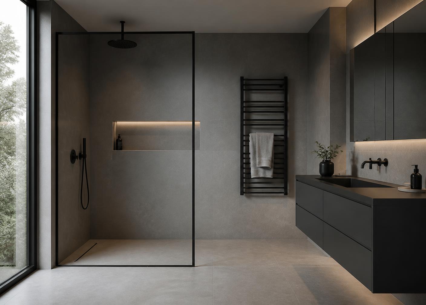 Sanitär- und Heizungsarbeiten von Destani Haustechnik: Moderne Nasszelle mit begehbarer Dusche und Armaturen